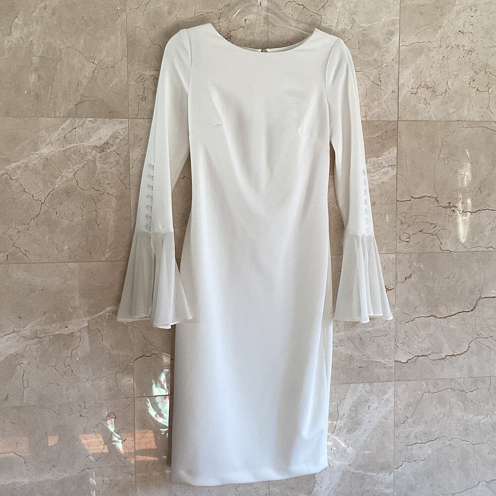 Calvin Klein Shift Dress - 2 - White Bell Sleeve, Classic Holiday Party Bridal - Picture 5 of 16